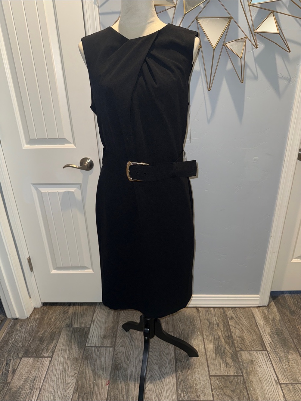 Tahari ASL Black Sleeveless Sheath Dress with Belted Waist